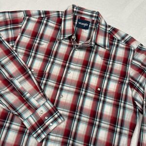 Wrangler Shirt Mens Large Red Blue Plaid Western Cowboy Pearl Snap Long‎ Sleeve